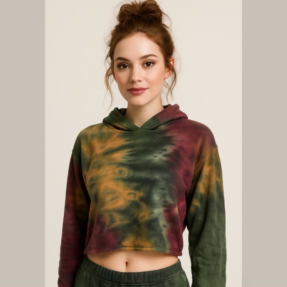 525 Revolve Amber Multi Tie Dye Crop Long Sleeve Pullover Hoodie XS Medium